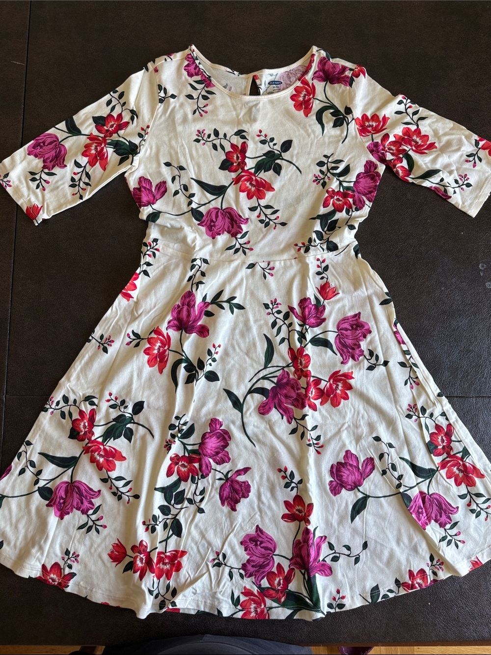 Old Navy White Dress with Pink and Red Floral Print Youth
